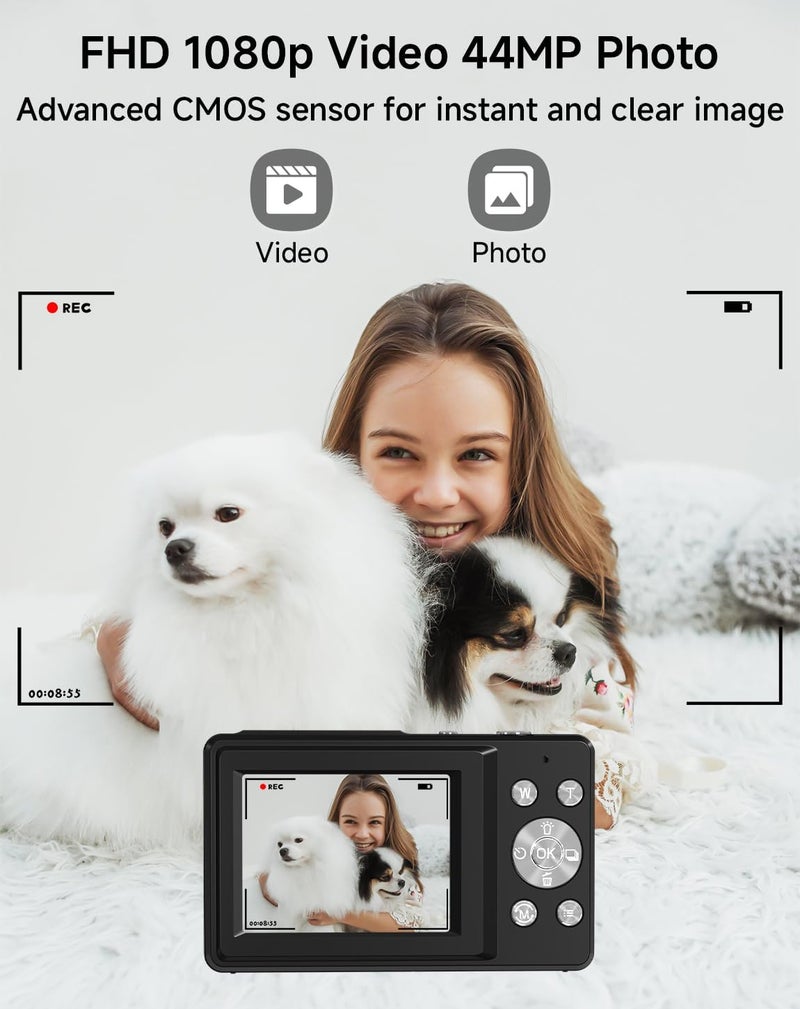 SMARTKLIK Store كاميرا رقمية للأطفال، FHD 1080P 44MP كاميرا رقمية بنقطة وتصوير مع كشف الوجه، التقاط الابتسامة، زوم 18X، 20 فلتر، مضادة للاهتزاز، بطاقة SD سعة 32GB كاميرا مدمجة عتيقة للأطفال الأولاد والبنات - Image 2